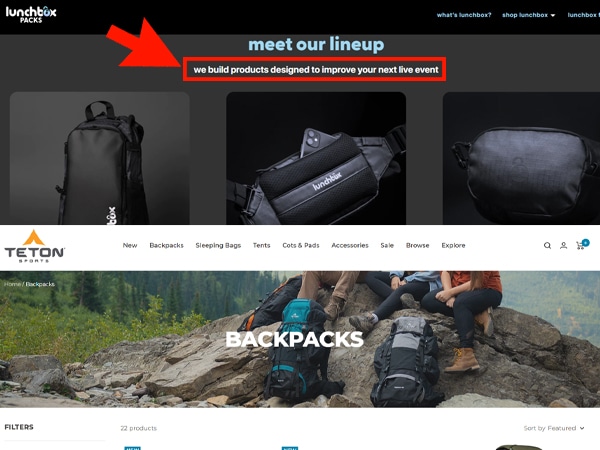 comparison of lunchbox website to Teton website - branding comparison